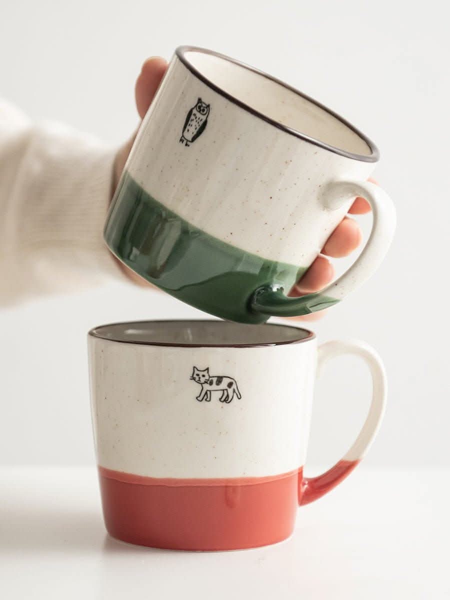Japan imported Minoyaki ceramic Owl & Cat Mugs, with green & coral bands.